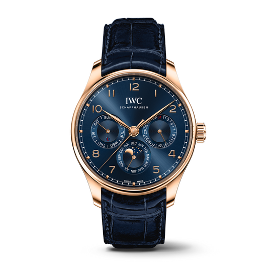 IWC Schaffhausen Portugieser Perpetual Calendar 42.4 mm Blue Dial 18k 5N Gold Blue   Leather Strap IW344205