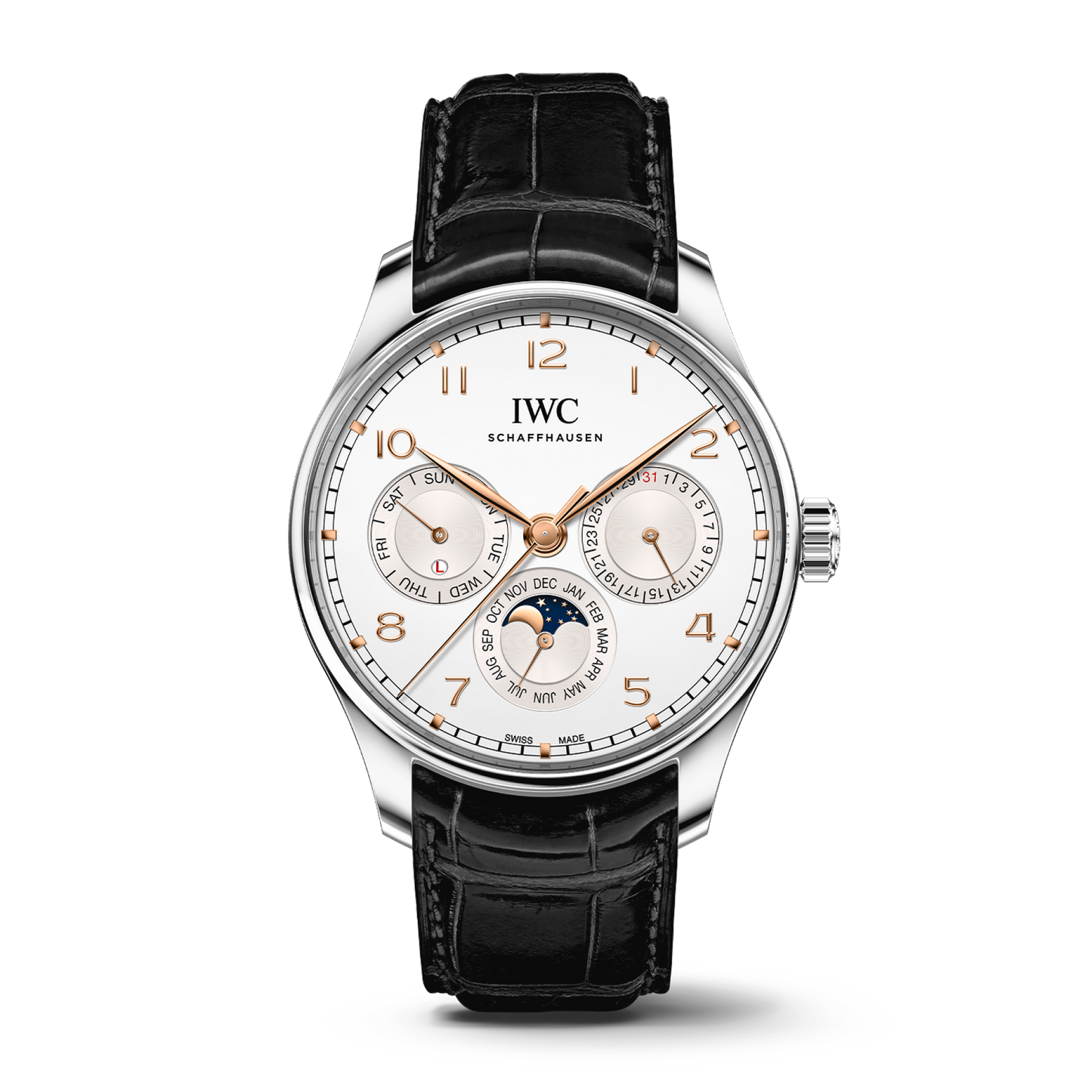 IWC Schaffhausen Portugieser Perpetual Calendar 42.4 mm Silver Dial Stainless Steel Black   Leather Strap IW344203