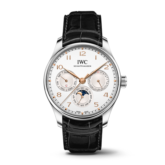 IWC Schaffhausen Portugieser Perpetual Calendar 42.4 mm Silver Dial Stainless Steel Black   Leather Strap IW344203