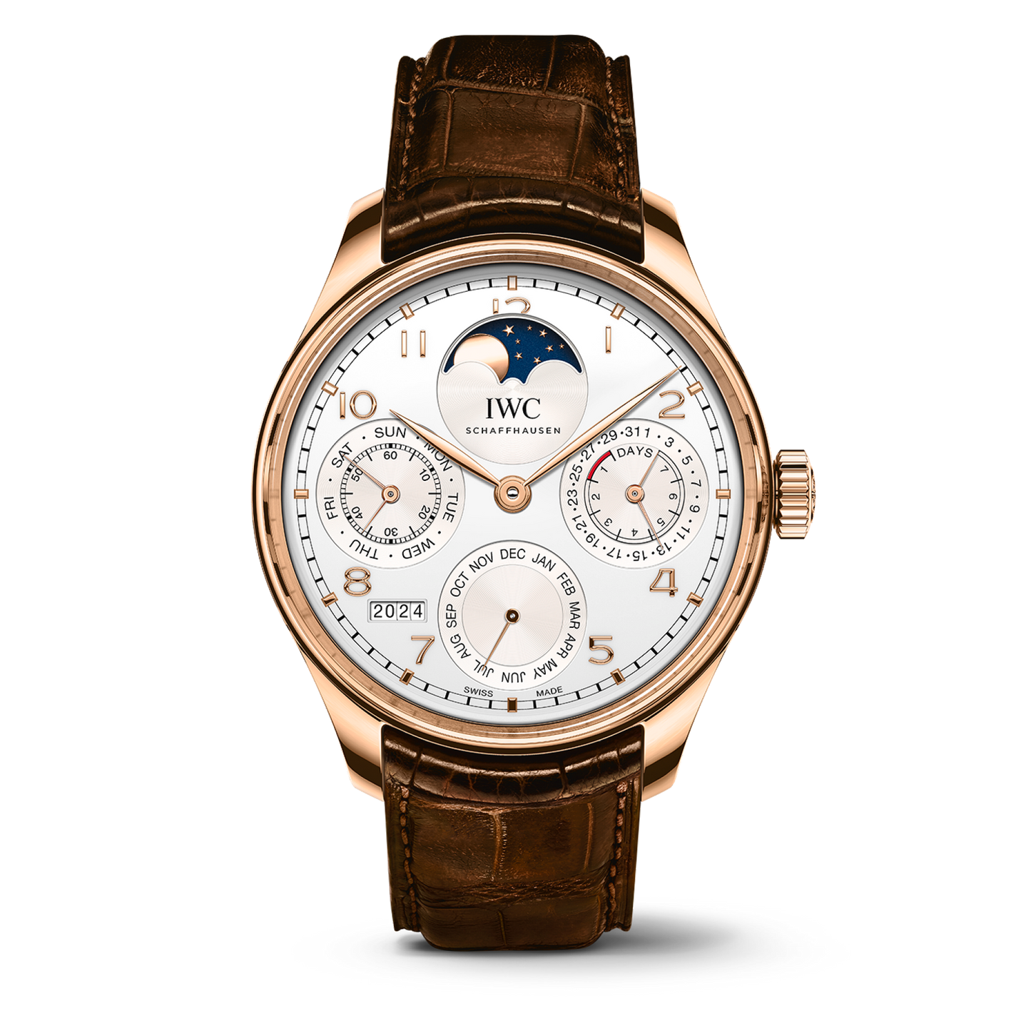 IWC Schaffhausen Portugieser Perpetual Calendar 44.2 mm Silver Dial 18k 5N Gold Dark Brown   Leather Strap IW503302