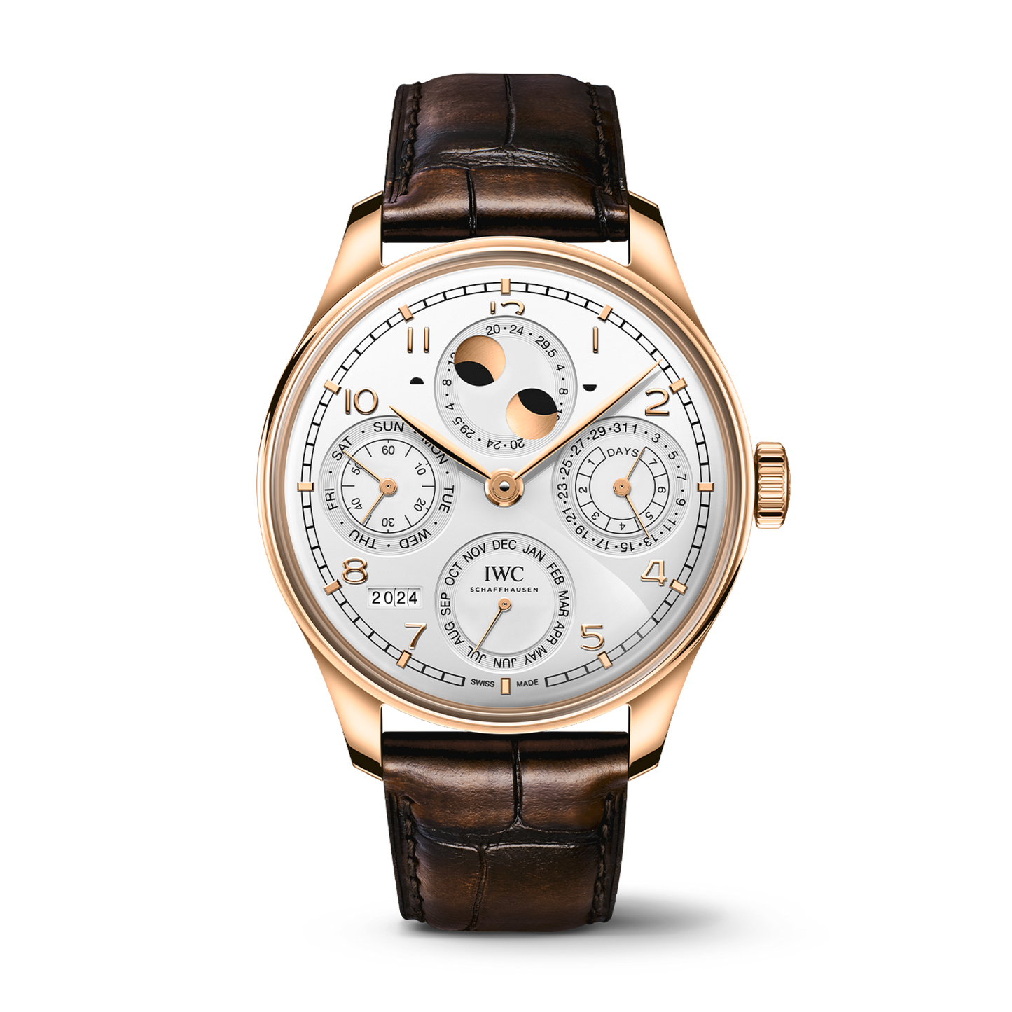 IWC Schaffhausen Portugieser Perpetual Calendar 44.4 mm Silver Dial 18 Kt Armor Gold® Dark Brown   Leather Strap IW503701