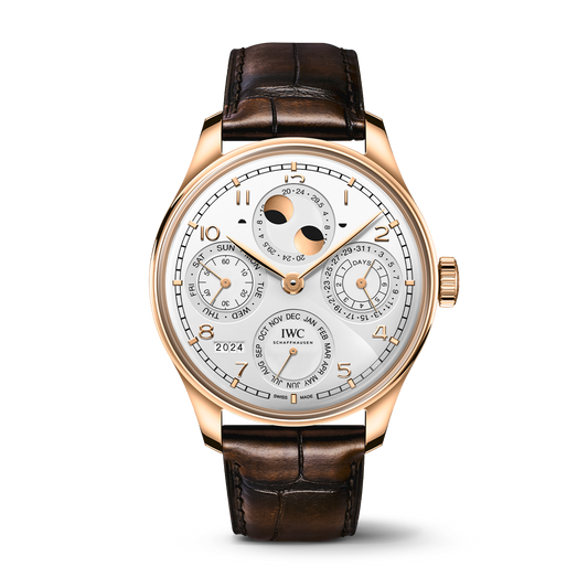 IWC Schaffhausen Portugieser Perpetual Calendar 44.4 mm Silver Dial 18 Kt Armor Gold® Dark Brown   Leather Strap IW503701
