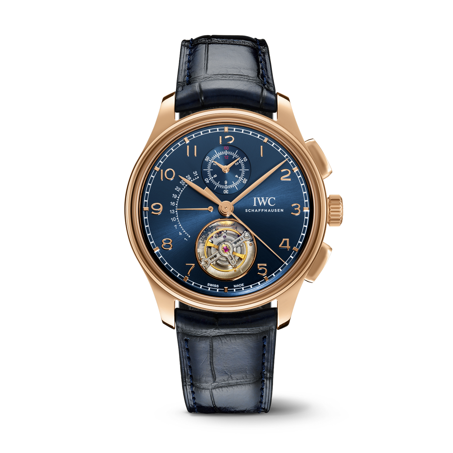 IWC Schaffhausen Portugieser Tourbillon Rétrograde Chronograph 43.5 mm Blue Dial 18k Armor Gold Blue   Leather Strap IW394005