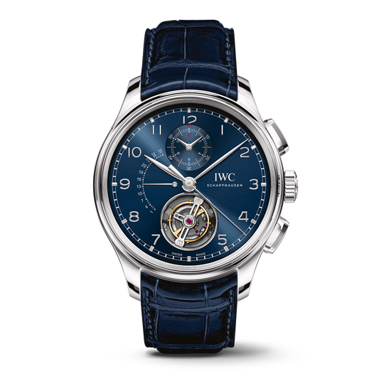 IWC Schaffhausen Portugieser Tourbillon Rétrograde Chronograph 43.5 mm Blue Dial Platinum Blue   Leather Strap IW394007