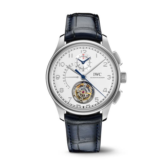 IWC Schaffhausen Portugieser Tourbillon Rétrograde Chronograph 43.5 mm Silver Dial Platinum Blue   Leather Strap IW394006