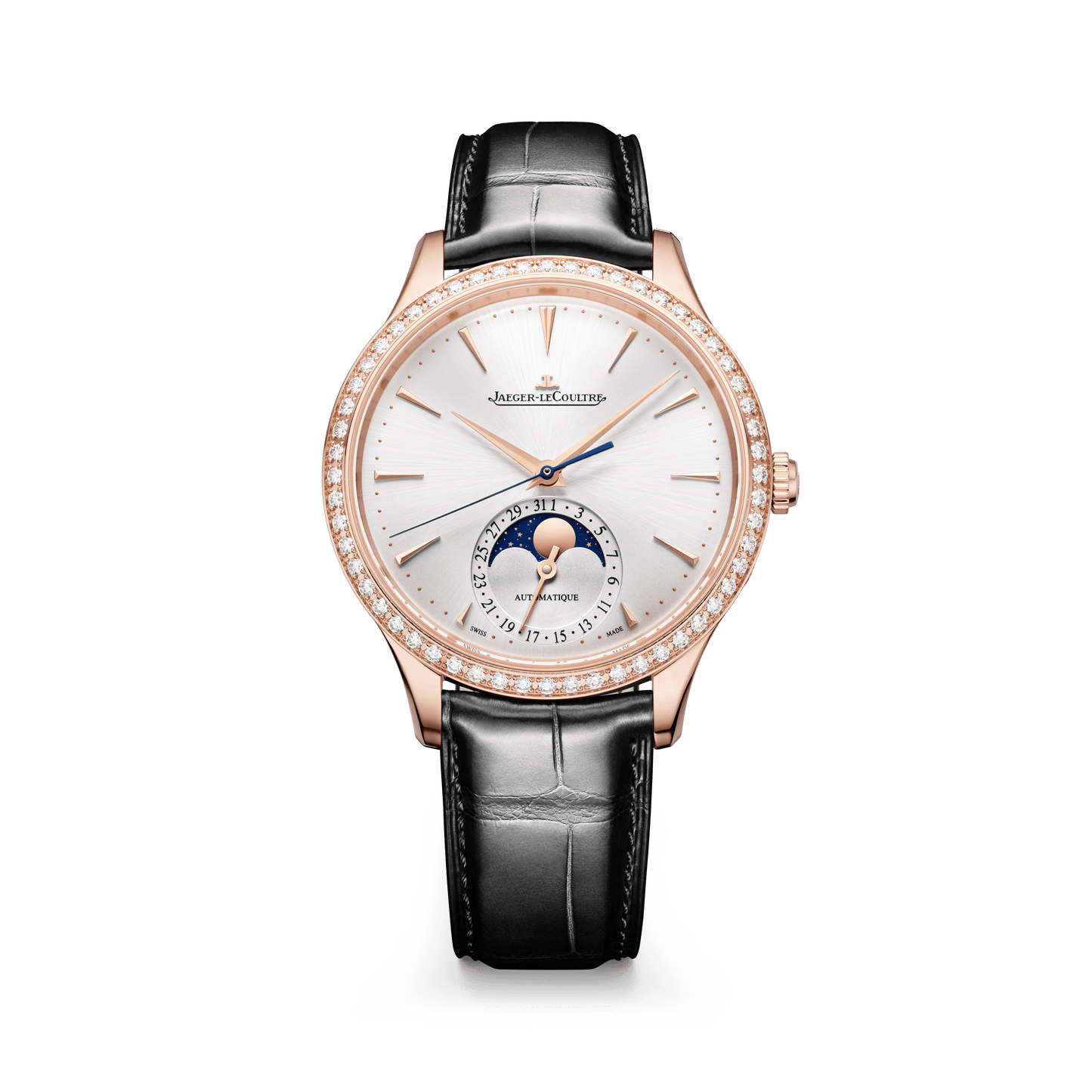 Jaeger-LeCoultre Master Ultra Thin Moon 36 mm Silver Dial with Diamonds Pink Gold   Leather Strap Q1242502