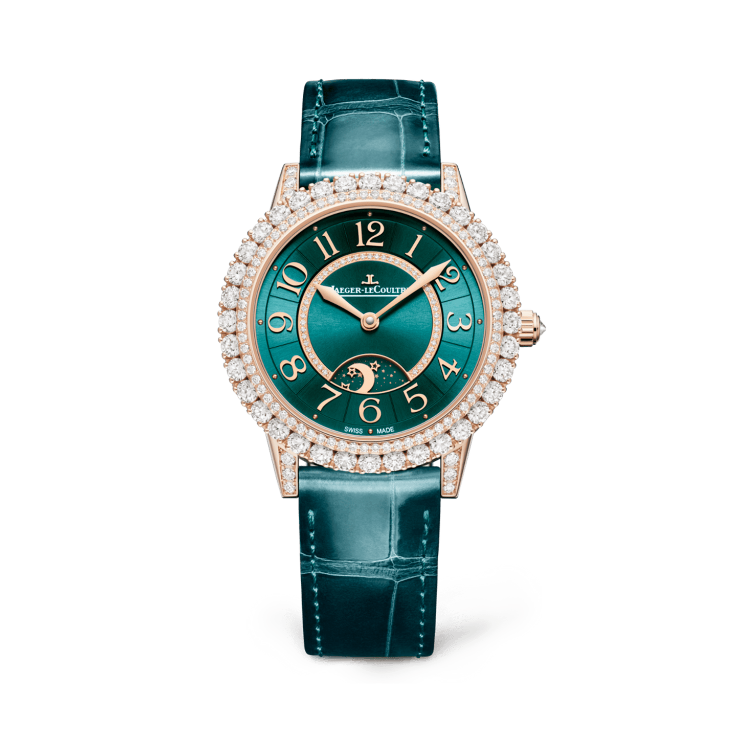 Jaeger-LeCoultre Rendez-Vous Dazzling Night & Day 36 mm Green Dial with Diamonds Pink Gold   Leather Strap Q343247J