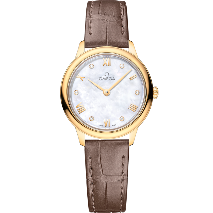 Omega De Ville Prestige 27.5 mm White Dial with Diamonds 18k Yellow Gold Strap 434.53.28.60.55.002