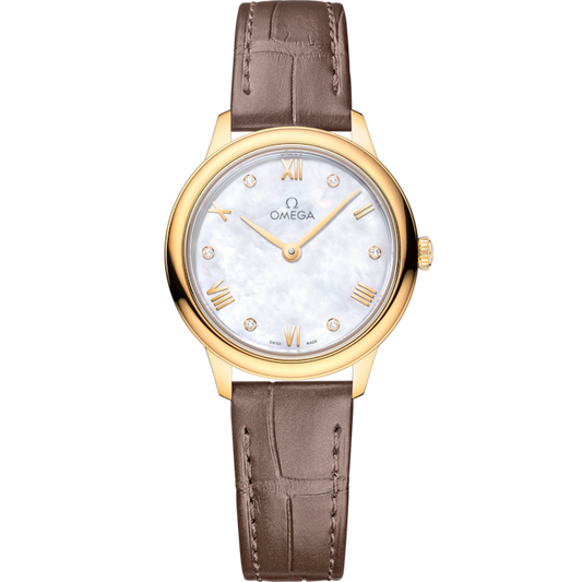 Omega De Ville Prestige 27.5 mm White Dial with Diamonds 18k Yellow Gold Strap 434.53.28.60.55.002