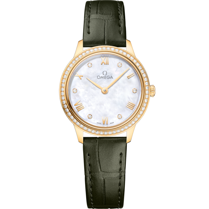 Omega De Ville Prestige 27.5 mm White Dial with Diamonds 18k Yellow Gold Strap 434.58.28.60.55.002