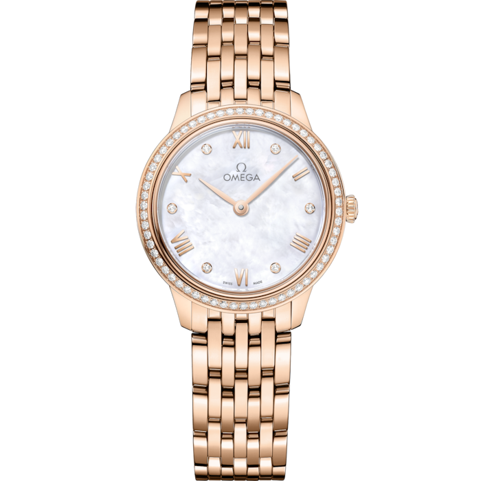 Omega De Ville Prestige 27.5 mm White Dial with Diamonds Sedna 18k Rose Gold Bracelet 434.55.28.60.55.001