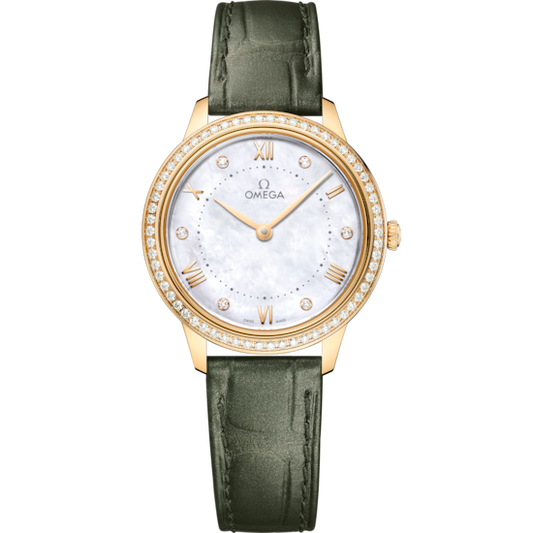 Omega De Ville Prestige 30 mm White Dial with Diamonds 18k Yellow Gold Strap 434.58.30.60.55.002