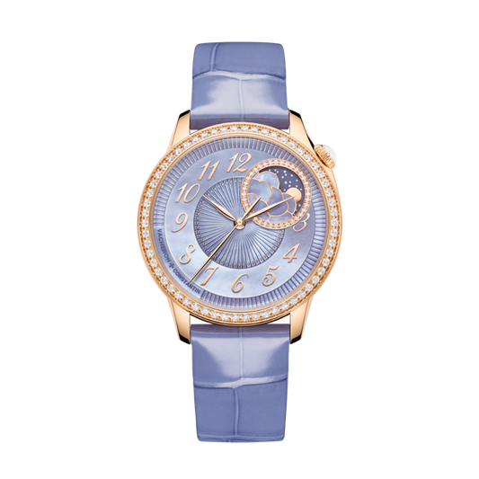 Vacheron Constantin Égérie moon phase 37 mm Blue Dial with Diamonds 18K Pink Gold Leather Strap 8005F/000R-H030