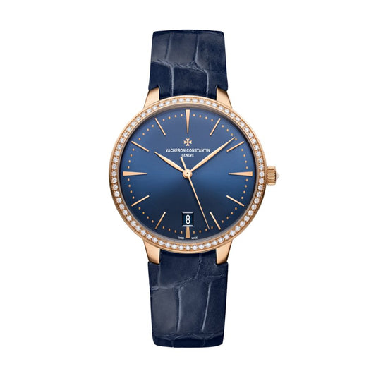 Vacheron Constantin Patrimony self-winding 36.5 mm Blue Dial with Diamonds 18K Pink Gold   Leather Strap 85515/000R-B644