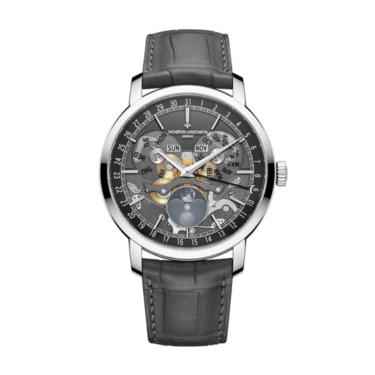 Vacheron Constantin Traditionnelle complete calendar openface 41 mm Black Dial White Gold   Leather Strap 4020T/000G-B655