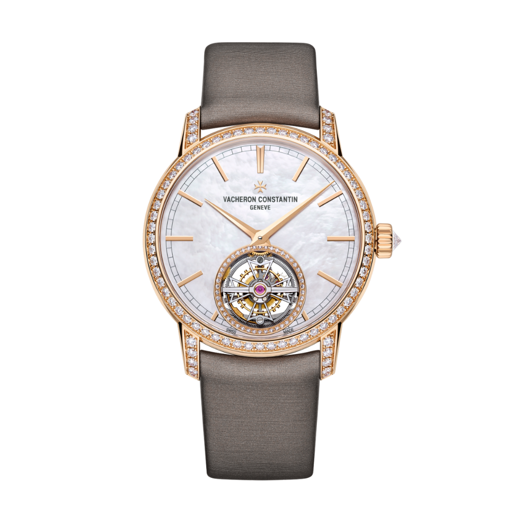 Vacheron Constantin Traditionnelle tourbillon 39 mm White Mother-Of-Pearl Dial with Diamonds 18K Pink Gold Satin Strap 6035T/000R-B634