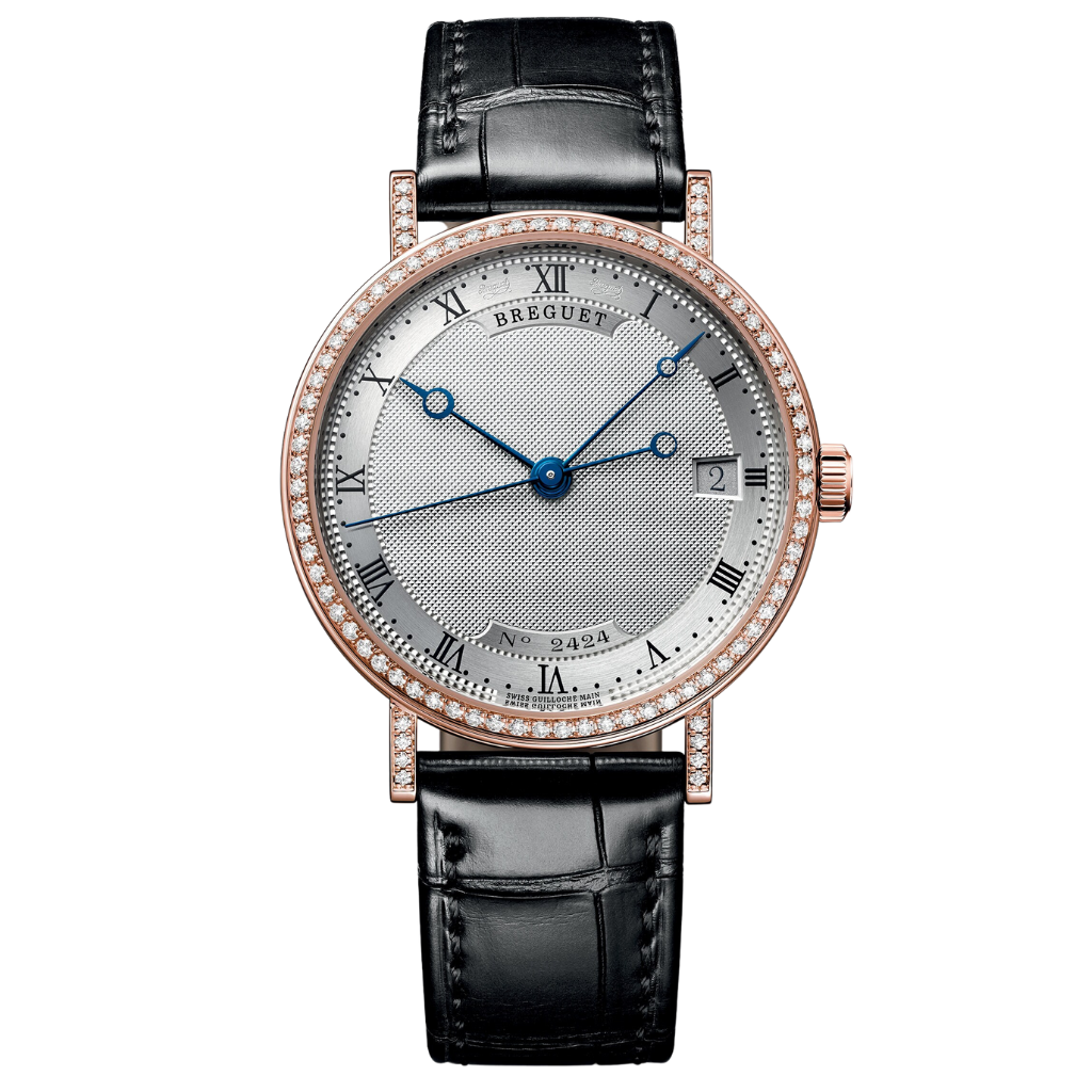 Breguet Classique 9068 33.5 mm Silver Dial with Diamonds 18k Rose Gold Leather Strap 9068BR/12/976 DD00