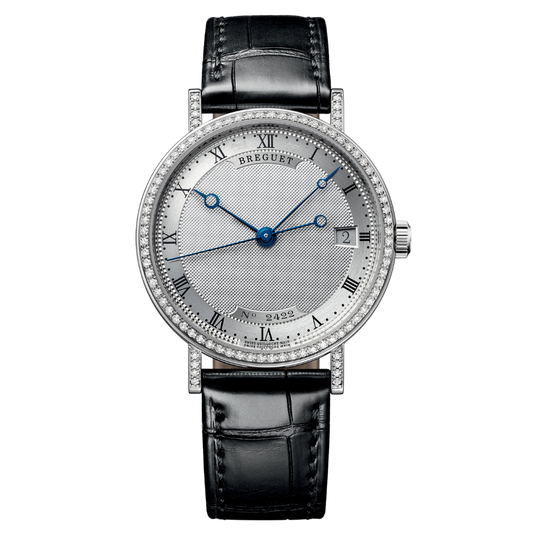 Breguet Classique 9068 33.5 mm Silver Dial with Diamonds 18k White Gold Leather Strap 9068BB/12/976 DD00