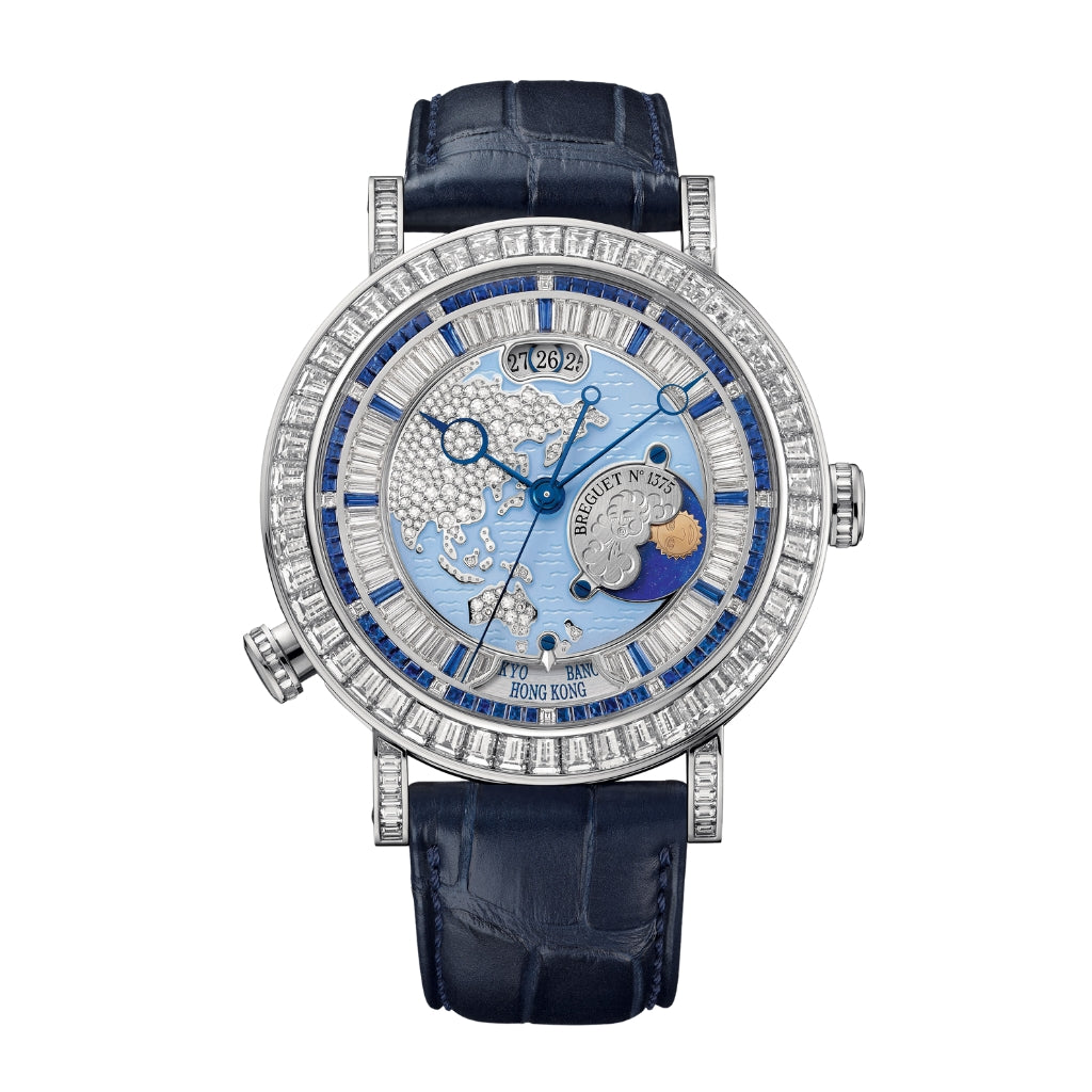 Breguet Classique Hora Mundi 5719 46.5 mm Blue Dial with Diamonds Platinum Leather Strap 5719PT/AS/9ZV DD0D