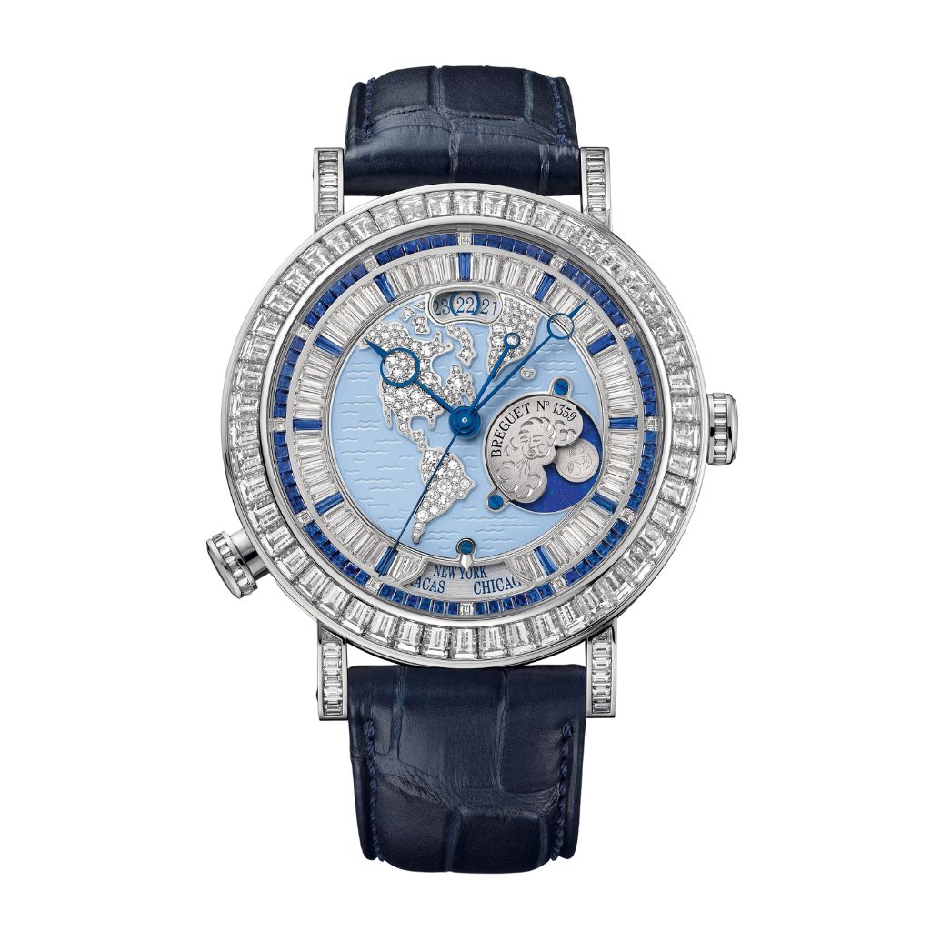 Breguet Classique Hora Mundi 5719 46.5 mm Blue Dial with Diamonds Platinum Leather Strap 5719PT/US/9ZV DD0D
