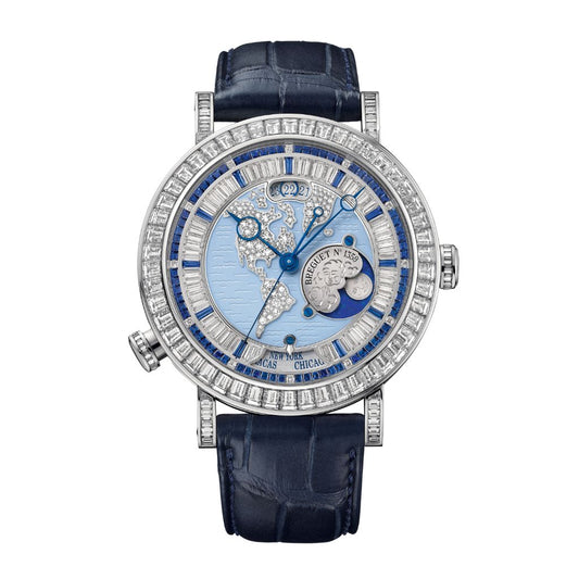 Breguet Classique Hora Mundi 5719 46.5 mm Blue Dial with Diamonds Platinum Leather Strap 5719PT/US/9ZV DD0D