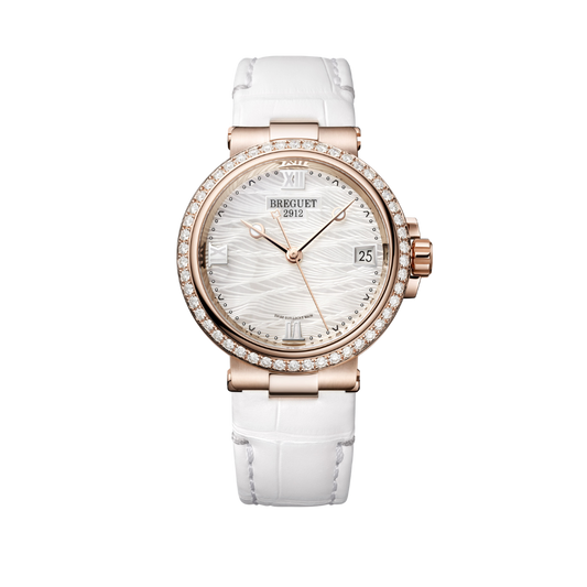 Breguet Marine 33.8 mm White Dial with Diamonds 18k Rose Gold White Leather Strap 9518BR/52/984/D000