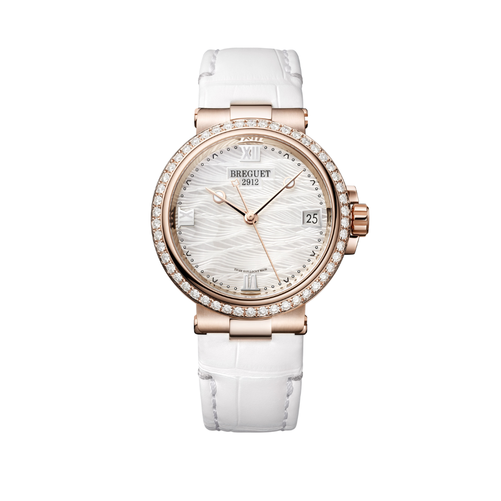 Breguet Marine 33.8 mm White Dial with Diamonds 18k Rose Gold White Leather Strap 9518BR/52/984/D000