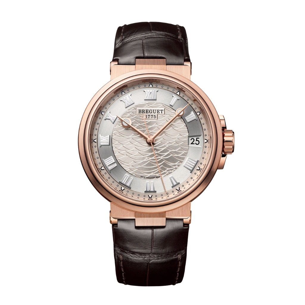 Breguet Marine 40 mm Silver Dial 18k Rose Gold Brown Leather Strap 5517BR/12/9ZU