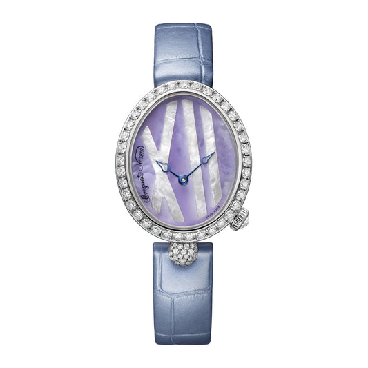 Breguet Reine 32.7 x 27.3mm Lavender-Coloured Mother-Of-Pearl Dial with Diamonds White Gold Blue Leather Strap 9818BB/5V/922/DD0D