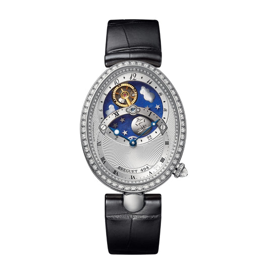 Breguet Reine 40.05 x 32 mm Silvered Gold Dial with Diamonds White Gold Black Leather Strap 8998BB/11/974/D00D
