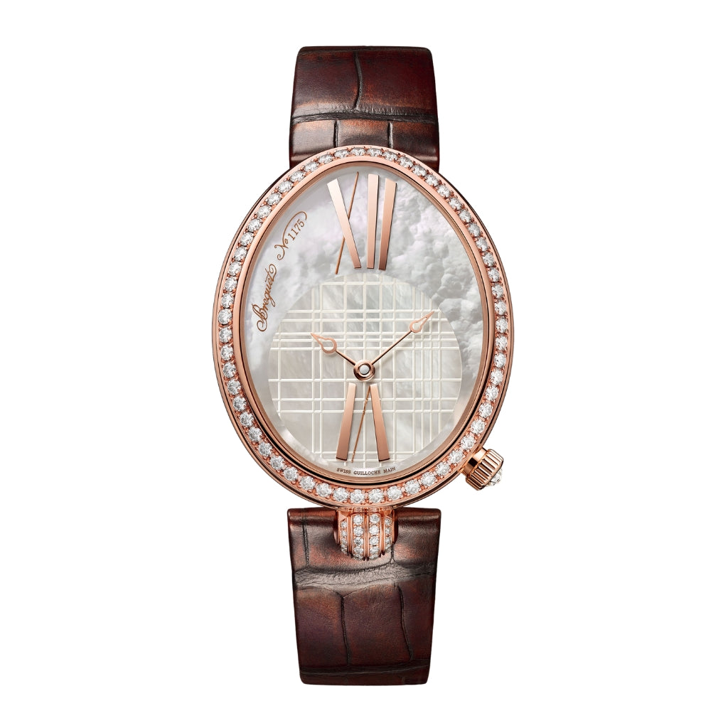 Breguet Reine 43 x 34.95 mm White Mother-Of-Pearl Dial with Diamonds 18k Rose Gold Brown Leather Strap 8965BR/5W/986/DD0D