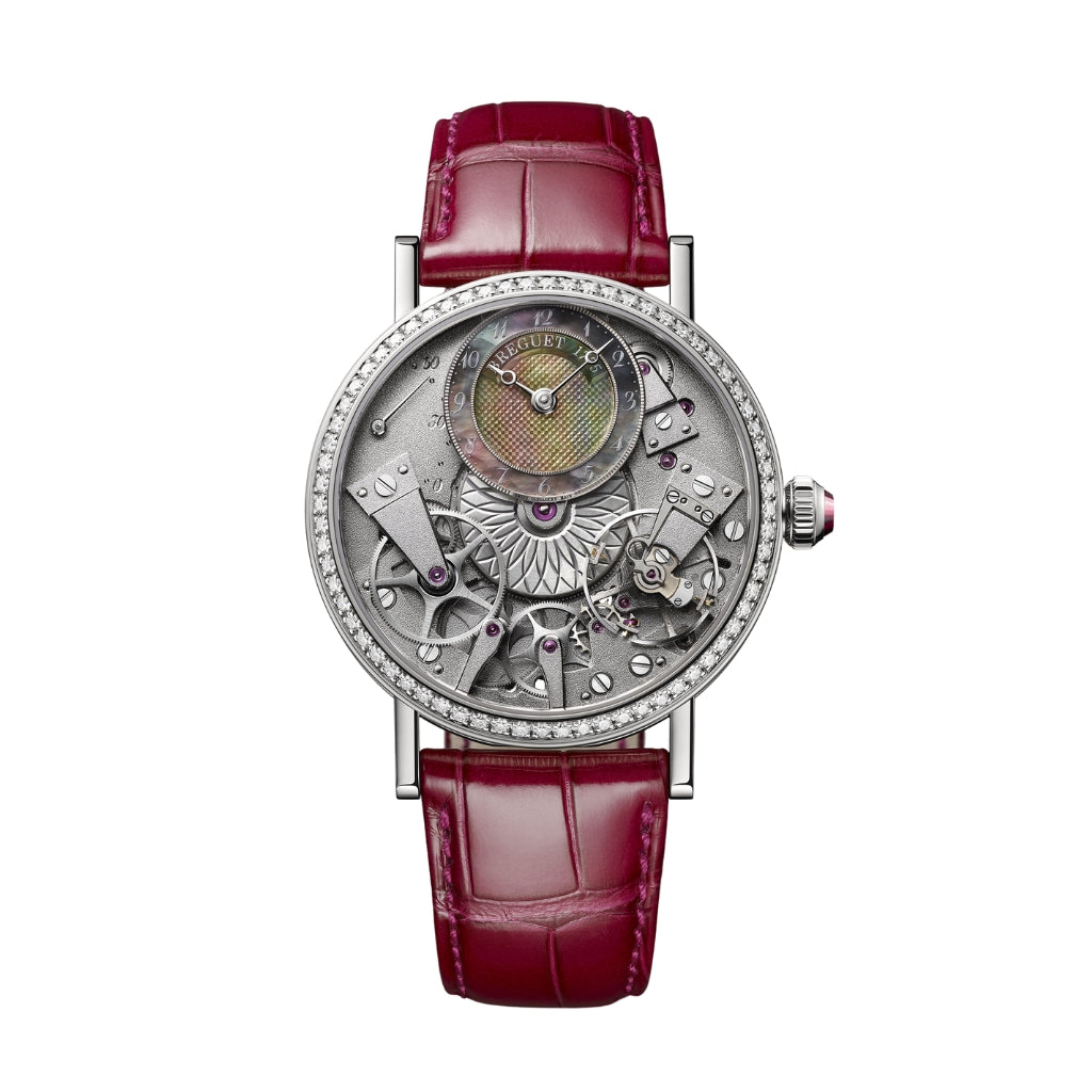 Breguet Tradition 37 mm Tahitian Mother-Of-Pearl Dial White Gold Red Leather Strap 7038BB/1T/9V6/D00D