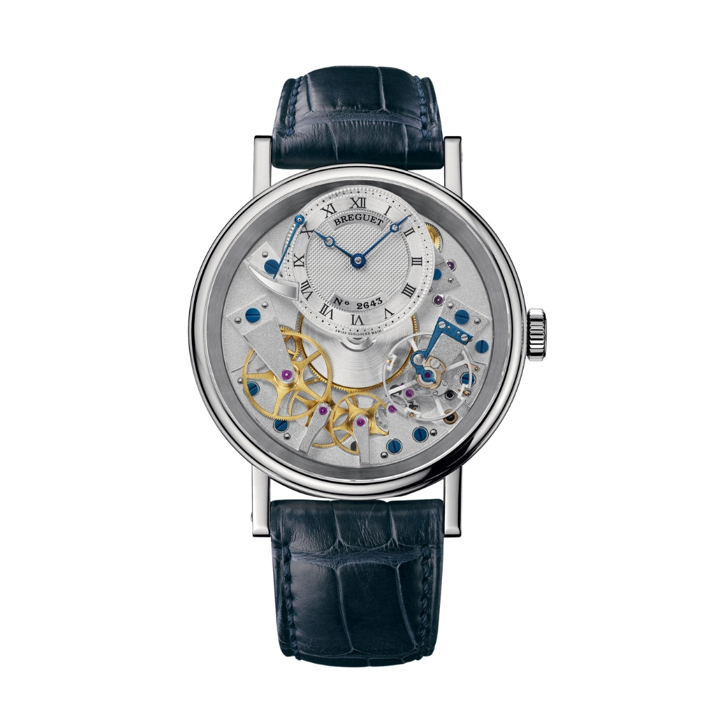 Breguet Tradition 40 mm Silver Dial White Gold Blue Leather Strap 7057BB/11/9W6