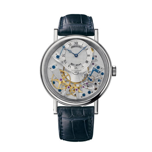 Breguet Tradition 40 mm Silver Dial White Gold Blue Leather Strap 7057BB/11/9W6