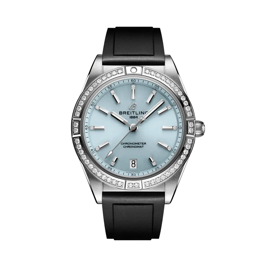 Breitling Chronomat Automatic 36 mm Ice-Blue Dial Stainless Steel & 18K White Gold Black Rubber Strap G10380591C1S1