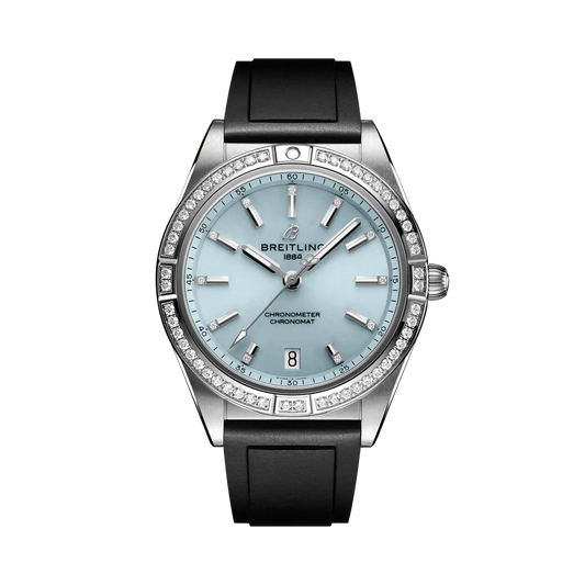 Breitling Chronomat Automatic 36 mm Ice-Blue Dial Stainless Steel & 18K White Gold Black Rubber Strap G10380591C1S1