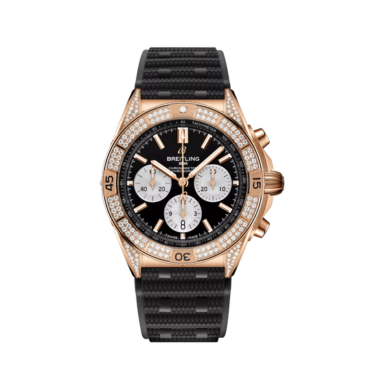 Breitling Chronomat B01 42 mm Silver and Black Dial 18K Red Gold (Gem-Set) Black Rubber Strap RB0134721B1S2