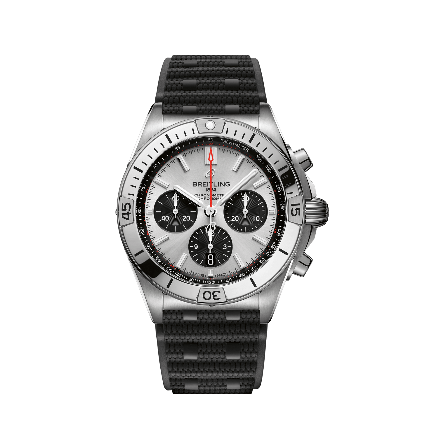 Breitling Chronomat B01 42 mm Silver and Black Dial Stainless Steel Black Strap AB0134101G1S2