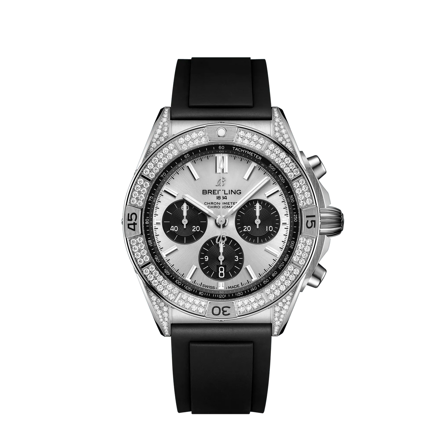 Breitling Chronomat B01 42 mm Silver and Black Dial Stainless Steel (Gem-Set) Black Rubber Strap AB0134721G1S1
