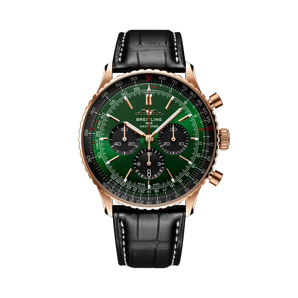 Breitling Navitimer B01 Chronograph 46 mm Black And Green Dial 18K Red Gold Leather Strap RB0137241L1P1