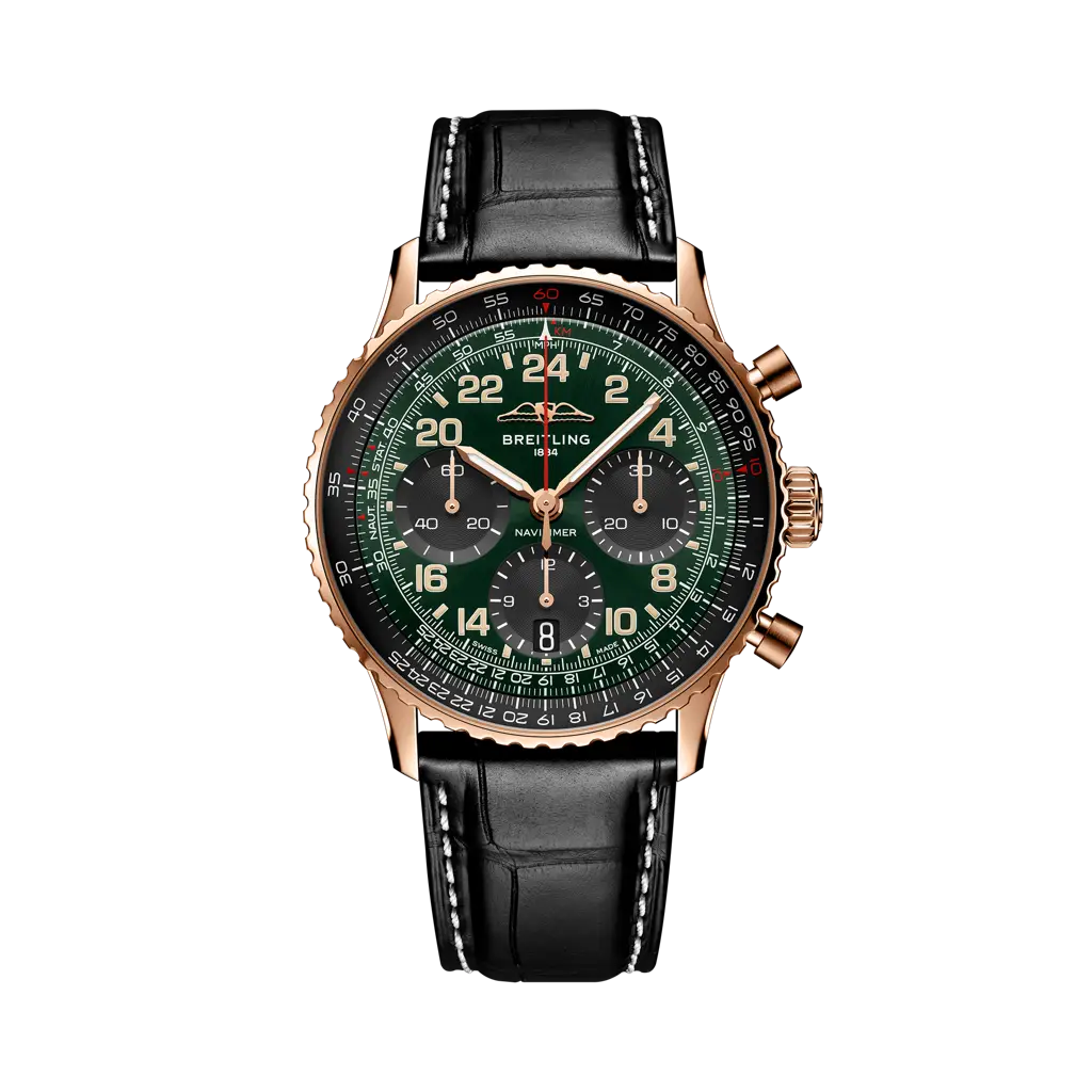 Breitling Navitimer B12 Chronograph Cosmonaute 41 mm Black And Green Dial 18K Red Gold   Leather Strap RB12302A1L1P1