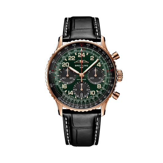 Breitling Navitimer B12 Chronograph Cosmonaute 41 mm Black And Green Dial 18K Red Gold   Leather Strap RB12302A1L1P1