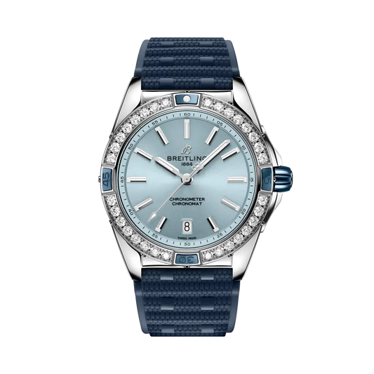 Breitling Super Chronomat Automatic 38 mm Ice-Blue Dial Stainless Steel Blue Rubber Strap A17356531C1S1