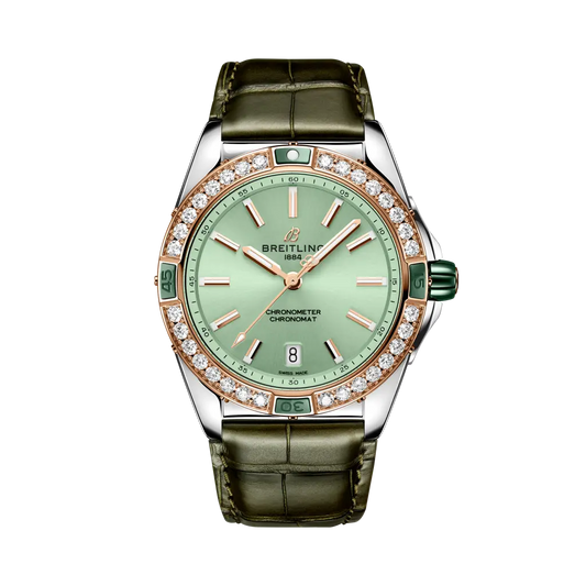 Breitling Super Chronomat Automatic 38 mm Light Green Dial Stainless Steel & 18K Red Gold   Leather Strap U17356531L1P1