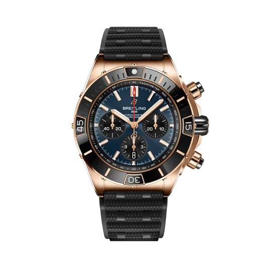 Breitling Super Chronomat B01 44 mm Blue and Black Dial 18K Red Gold Black Rubber Strap RB01362A1C1S1