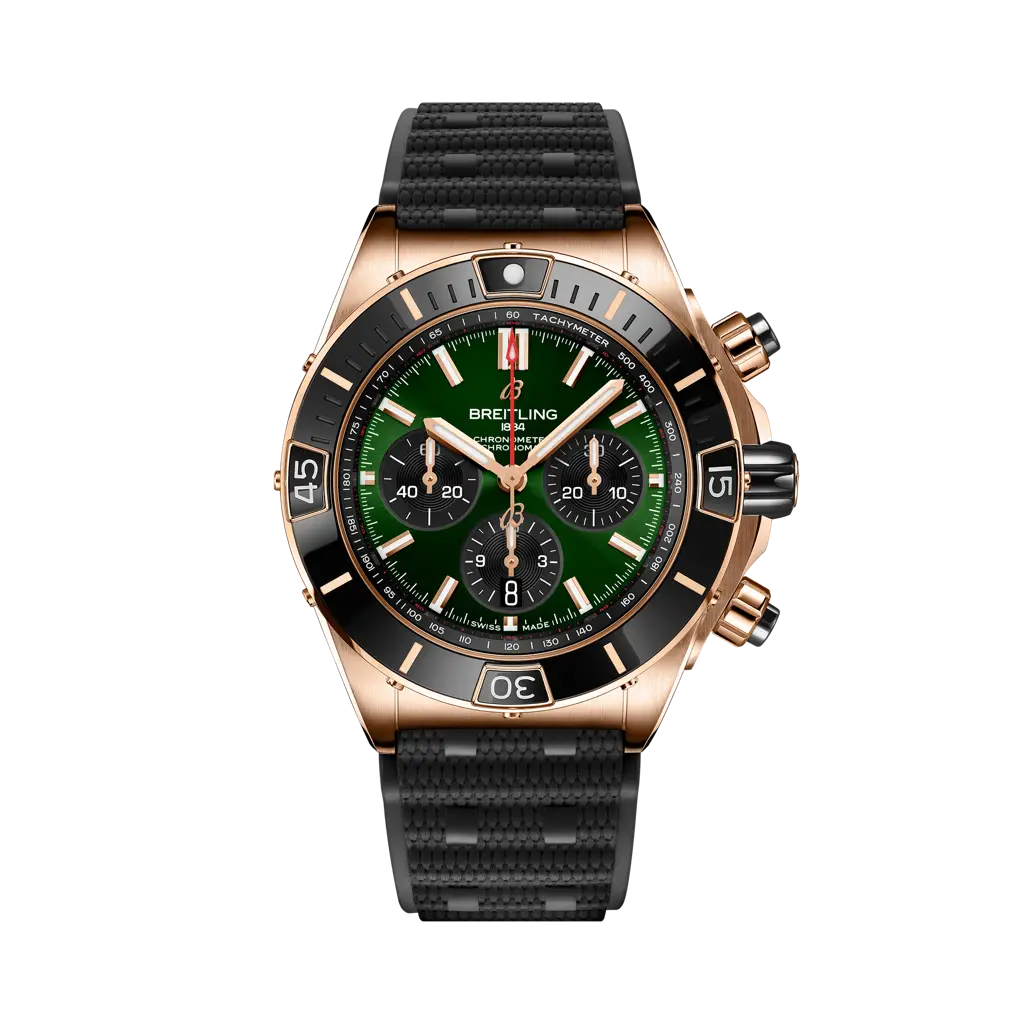 Breitling Super Chronomat B01 44 mm Green Dial 18K Red Gold Black Rubber Strap RB01361A1L1S1