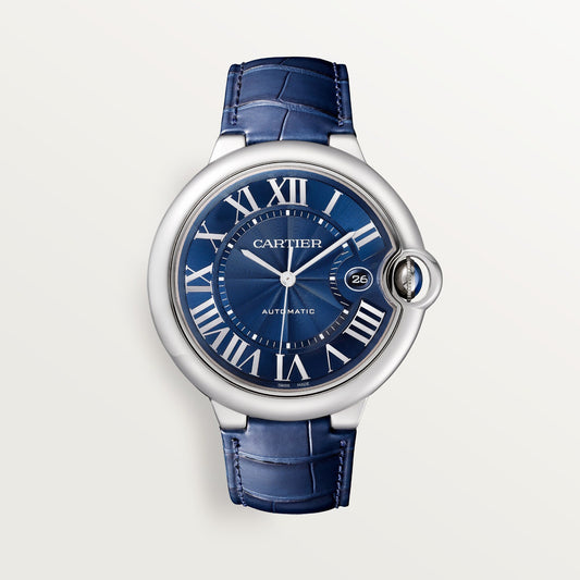 Cartier Ballon 42 mm Steel Blue Dial Blue  Leather Strap WSBB0027