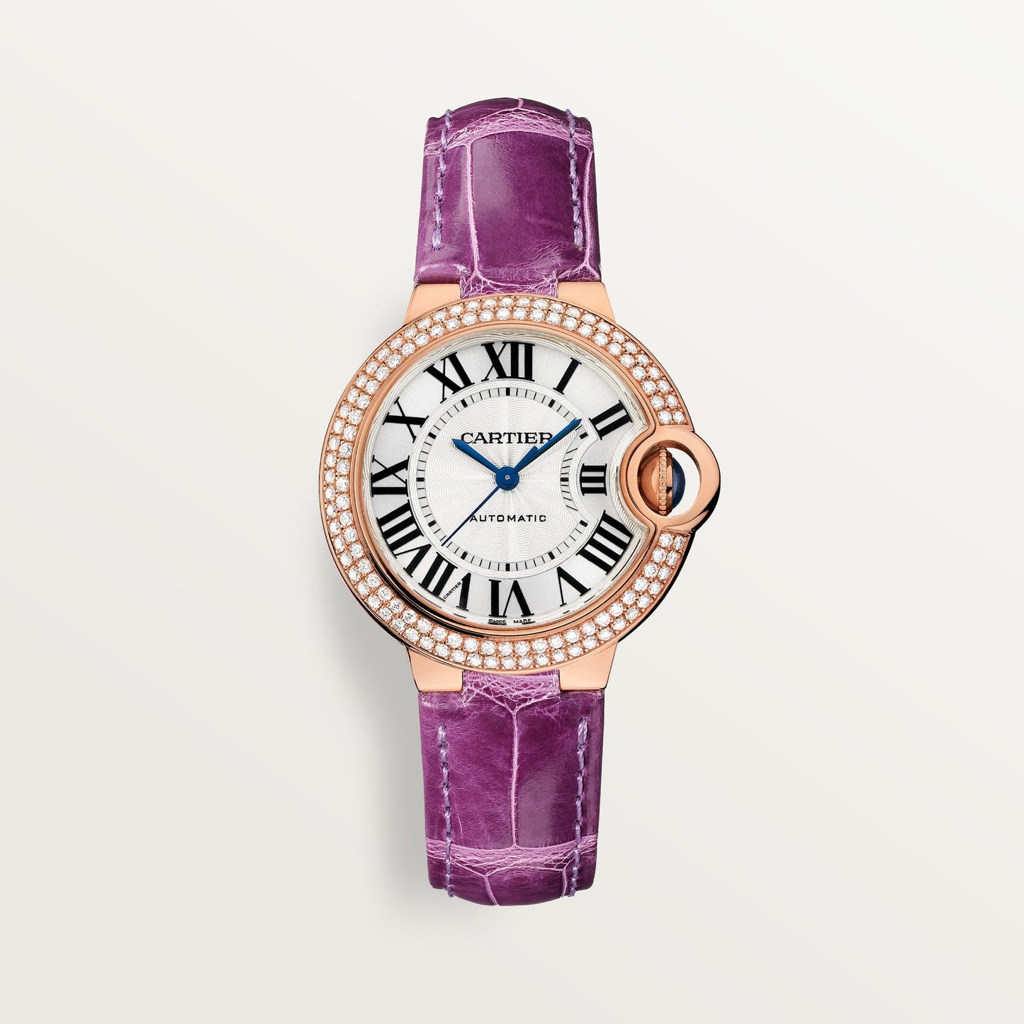 Cartier Ballon Bleu 33 mm Rose Gold Silver Dial Purple  Leather Strap WJBB0051