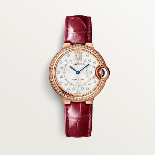Cartier Ballon Bleu 33 mm Rose Gold Silver Sunray Dial Burgundy Leather Strap WJBB0080