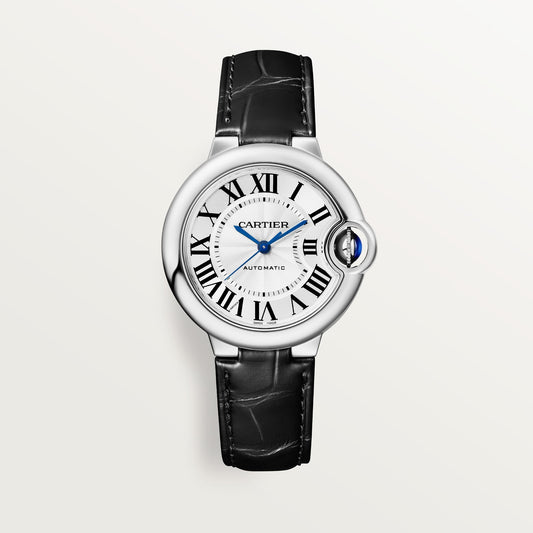 Cartier Ballon Bleu 33 mm Steel Silver Dial Black  Leather Strap WSBB0030